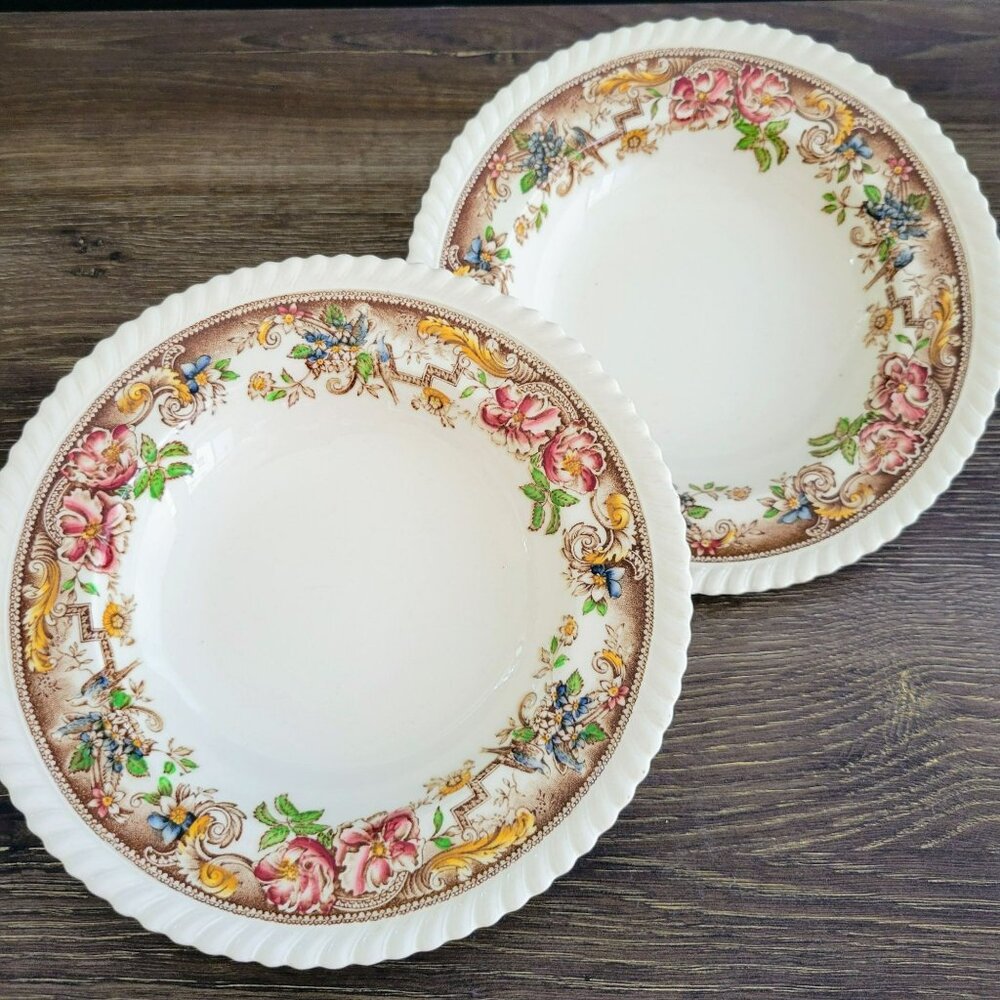 Vintage Johnson Bros Devonshire Soup Bowl Set Of 2, Old English Floral & Bird